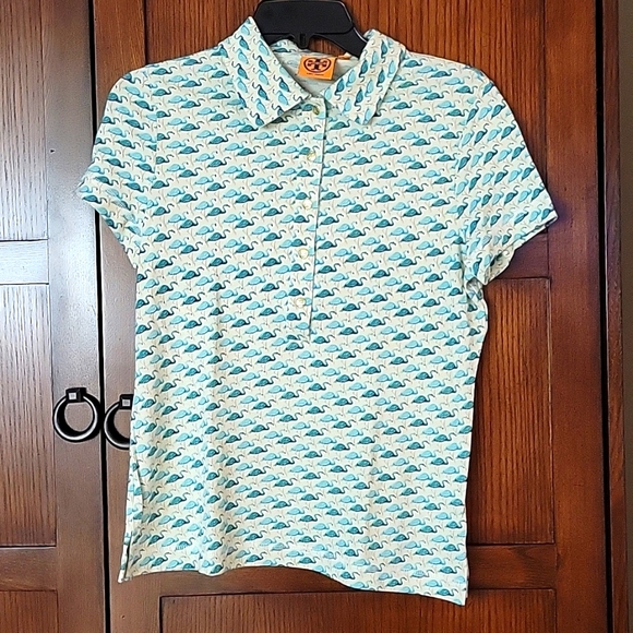 Tory Burch blue flamingo polo, size medium - Picture 1 of 3